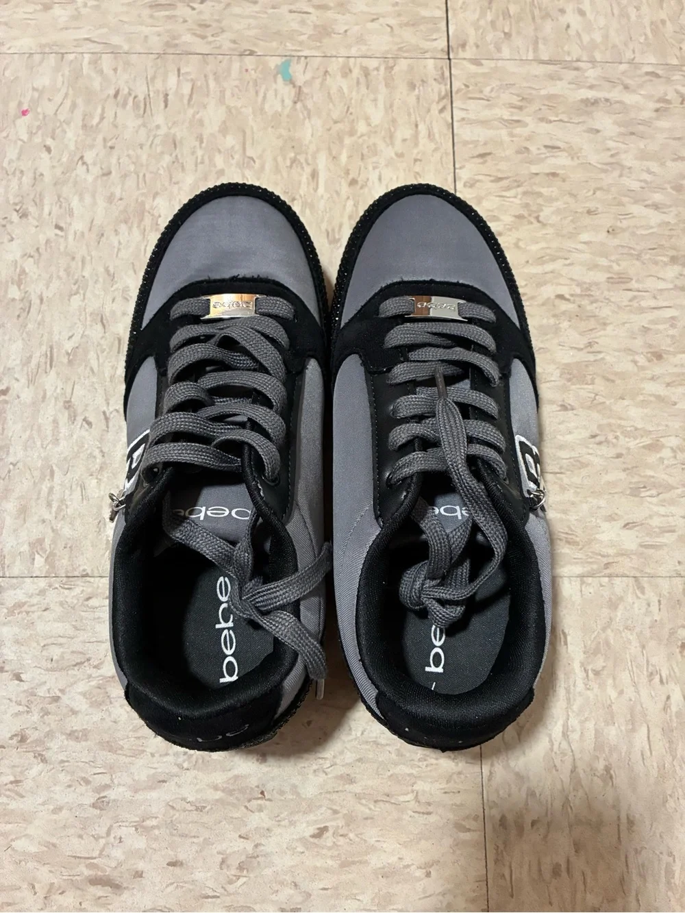 bebe Black & Gray Women’s Casual Sneakers with Rhinestone 'B' Charm